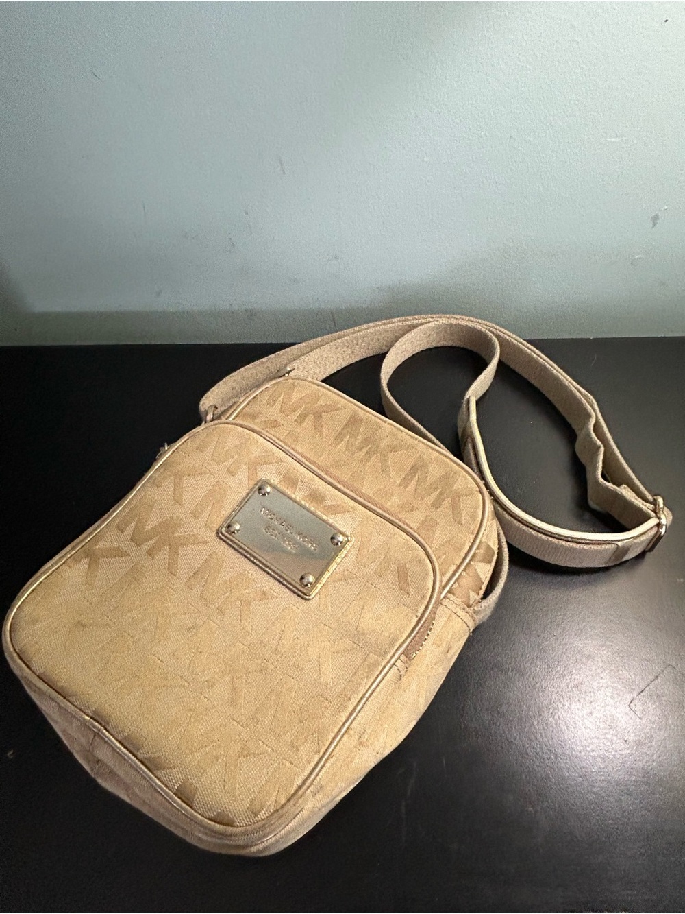 Michael Kors Beige/Tan MK Monogram Crossbody Bag - Picture 3 of 11